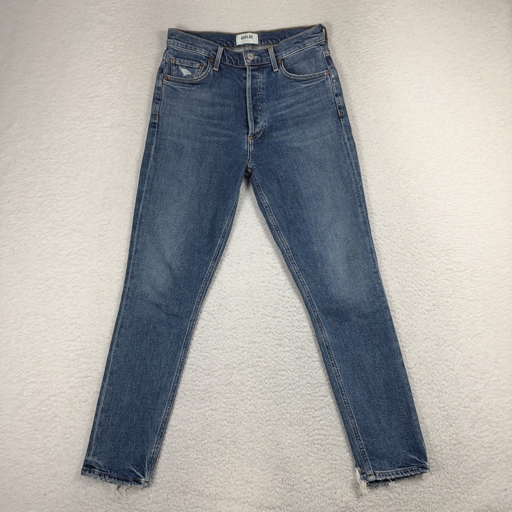 Agolde Nico High Rise Slim Jeans Womens 26 (27x26) Blue Distressed Stretch USA